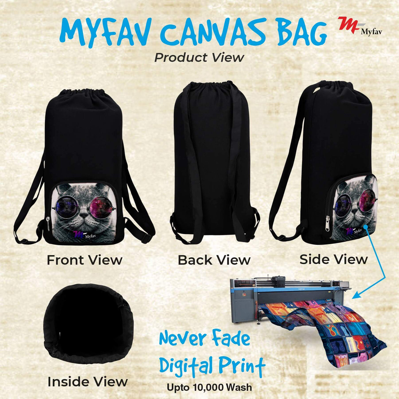 My Fav Cat Print Cotton Canvas Tution Backpack / Exam Bag For Boys / Girls