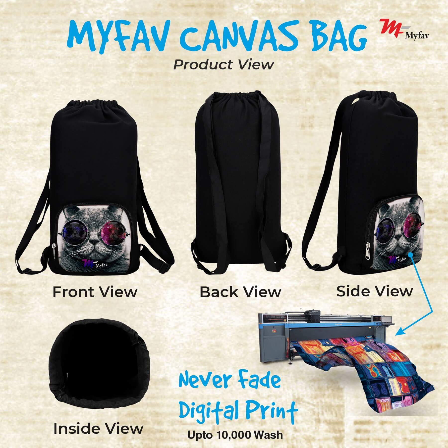 My Fav Cat Print Cotton Canvas Tution Backpack / Exam Bag For Boys / Girls