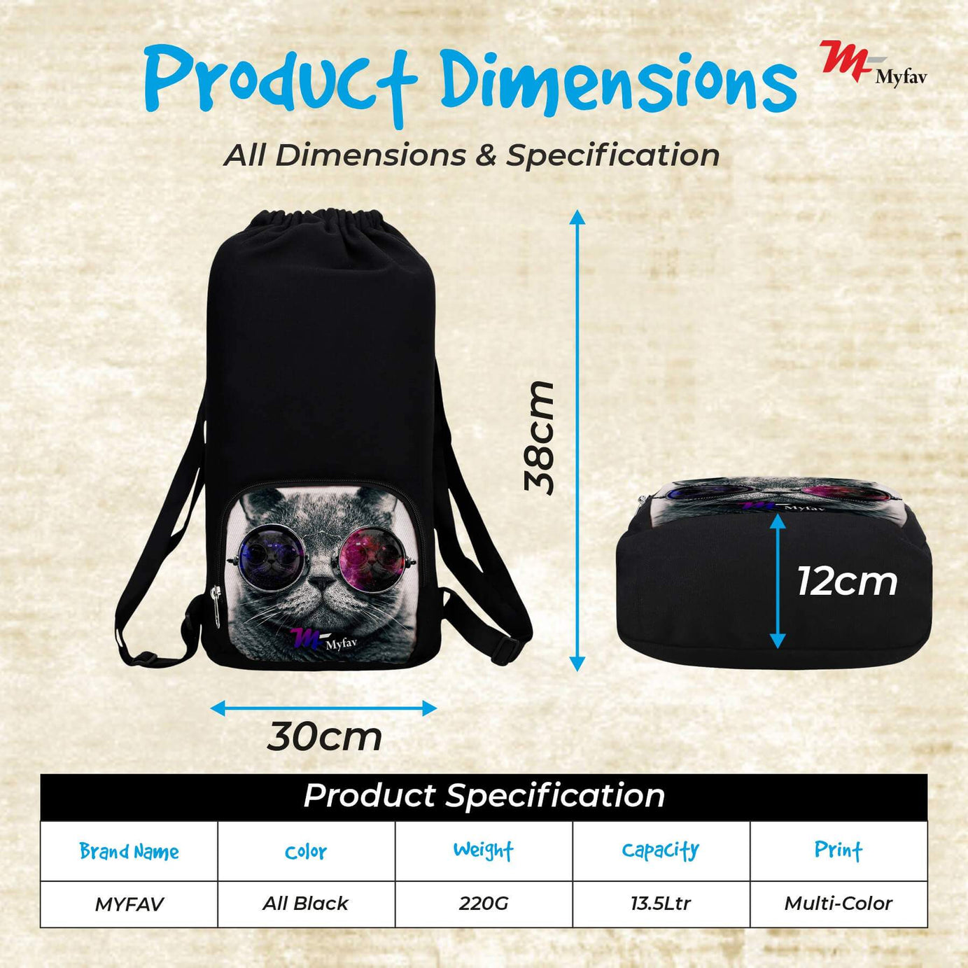My Fav Cat Print Cotton Canvas Tution Backpack / Exam Bag For Boys / Girls