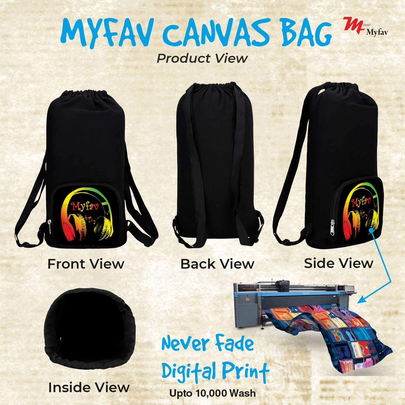 My Fav Music Print Cotton Canvas Tution Backpack / Exam Bag For Boys / Girls