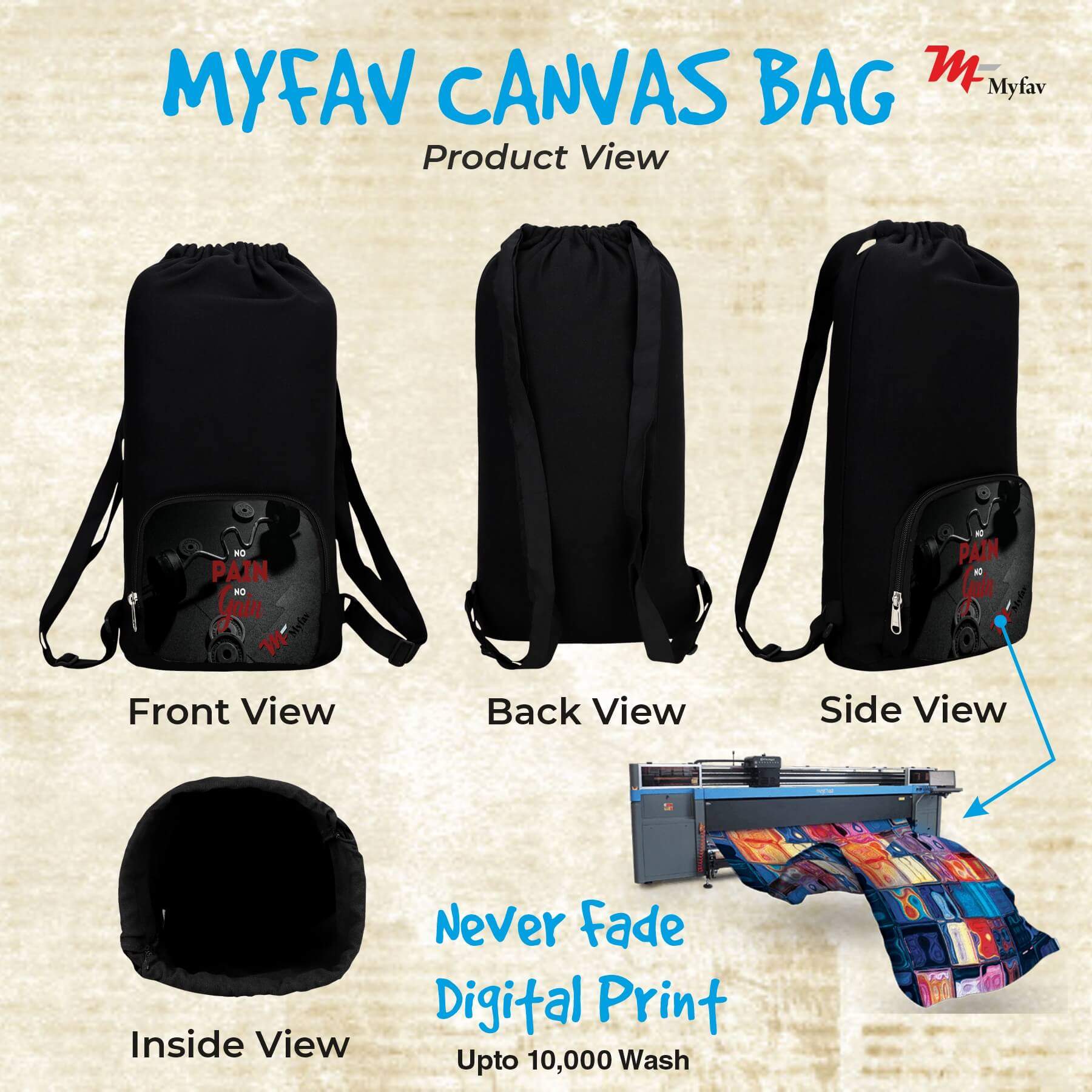 My Fav No Pain No Gain Print Cotton Canvas Tution Backpack / Exam Bag / Gym bag For Boys / Girls