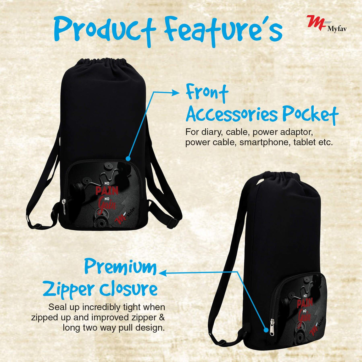 My Fav No Pain No Gain Print Cotton Canvas Tution Backpack / Exam Bag / Gym bag For Boys / Girls