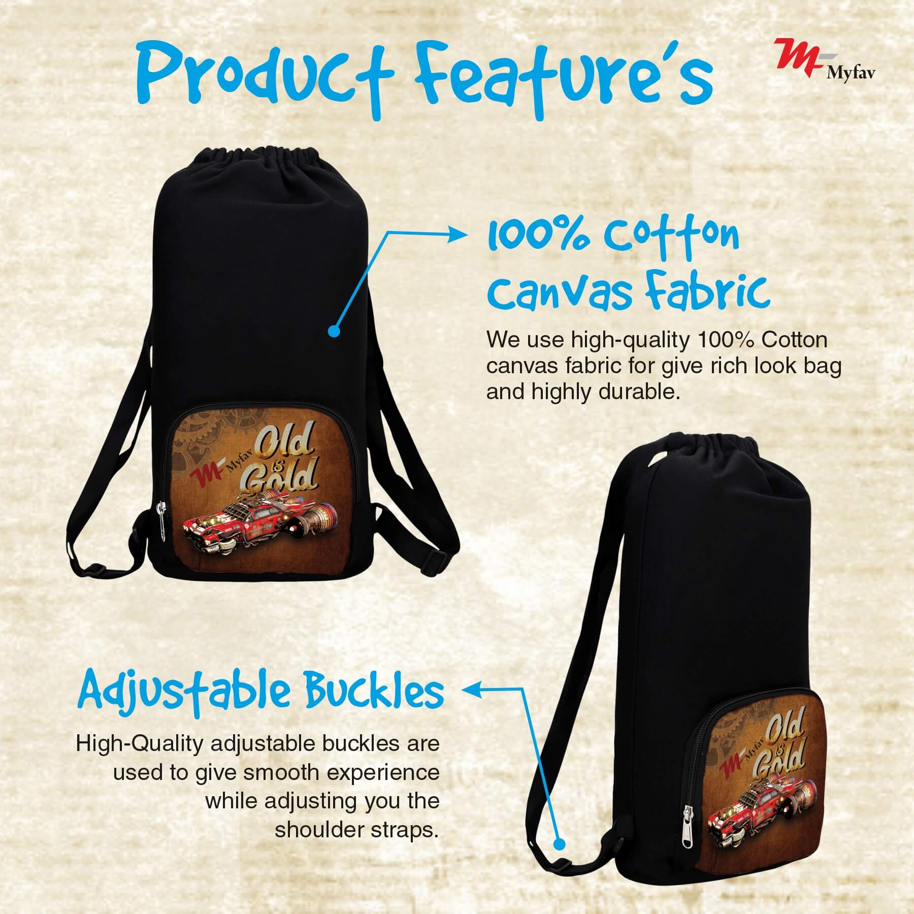 My Fav Old is Gold Print Cotton Canvas Tution Backpack / Exam Bag For Boys / Girls