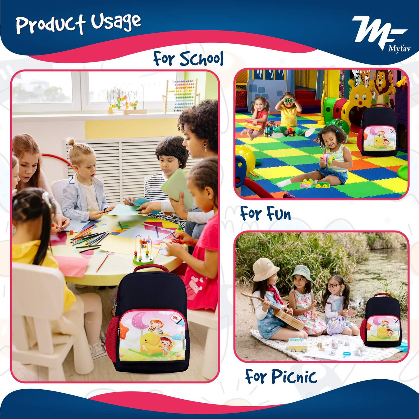 My Fav Cute Cartoon Kids School Bag For Girls/Boys, School, Casual, Picnic, Nursery-(2 to 10 year Old Kid)