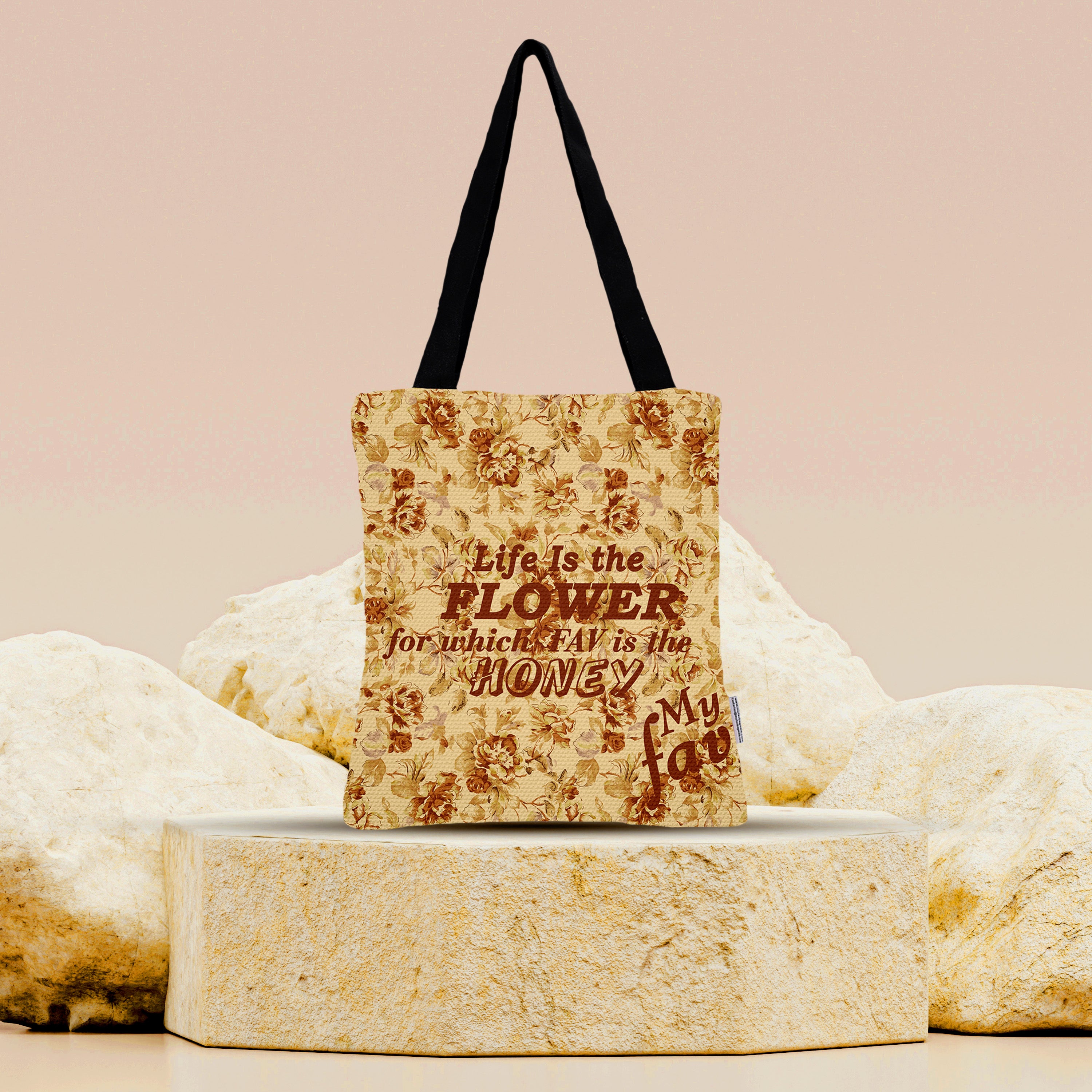 Premium Cotton Canvas Tote Bag - Brown Floral Quote