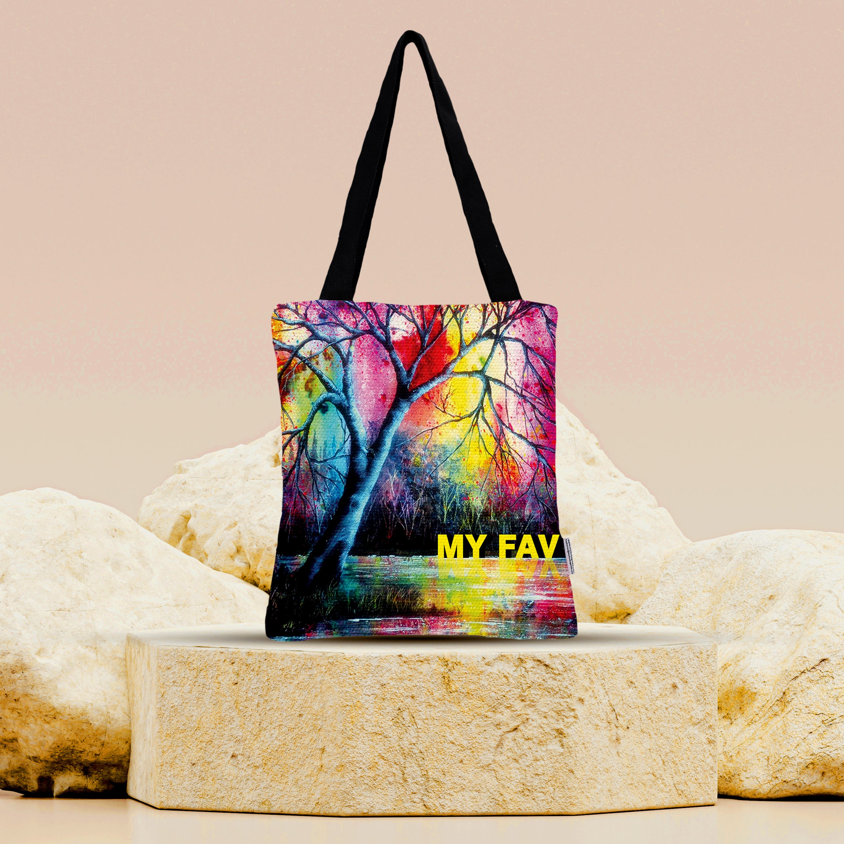 Premium Cotton Canvas Tote Bag - Rainbow Tree Print