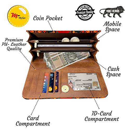 MY FAV Cotton Wallet I Jaipuri Print with 2 Zip Pocket, Multiple Card Slot Faux Leather Women Wallet (Clutch)