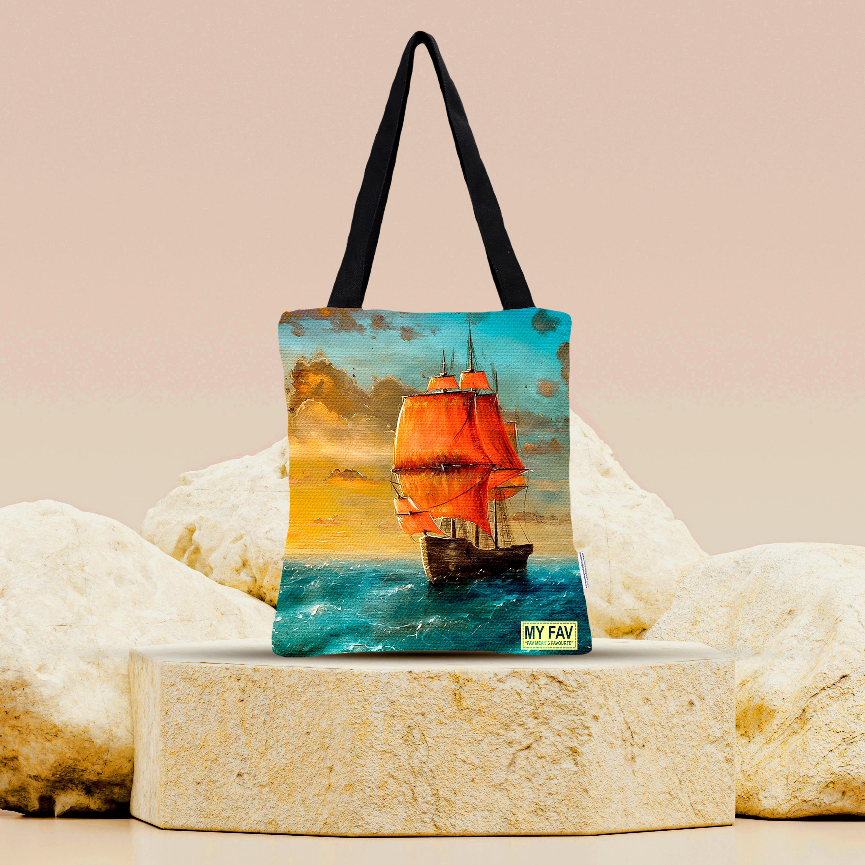 Premium Cotton Canvas Tote Bag - Ship in the Sea Print