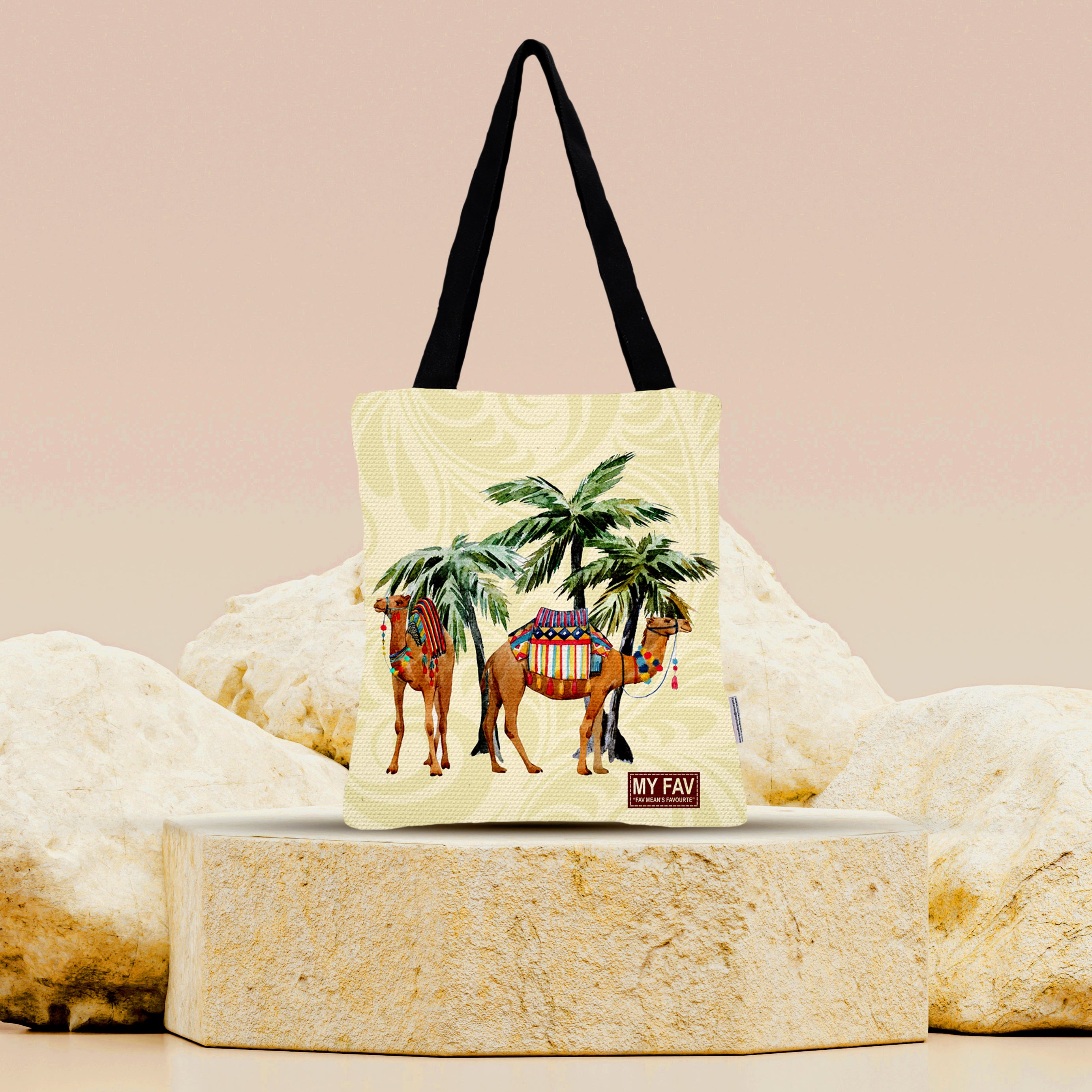 Premium Cotton Canvas Tote Bag - Camel Print