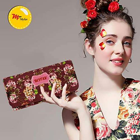 MY FAV Cotton Wallet I Flower Print with 2 Zip Pocket, Multiple Card Slot Faux Leather Women Wallet (Clutch)