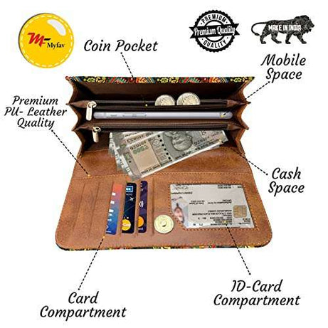 MY FAV Cotton Wallet I Ambi Print with 2 Zip Pocket, Multiple Card Slot Faux Leather Women Wallet (Clutch)