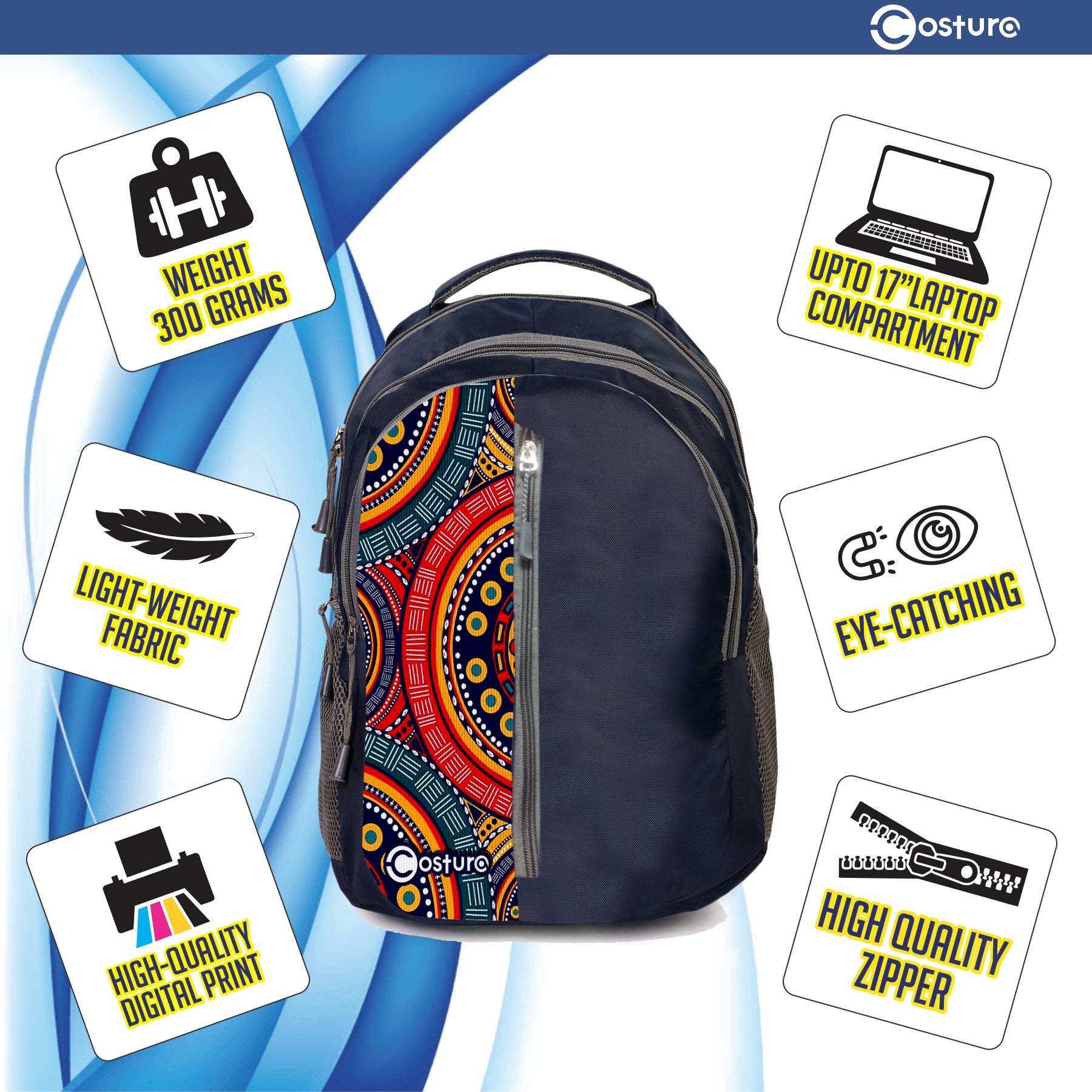 Costura Printed Backpack/Laptop Bag for Men Women Boys Girls, Bag For Office, School, College, Casual, Fit Upto 15.6" Laptops, Water Resistant & Lightweight Outdoor Travel Bag-30 Liter