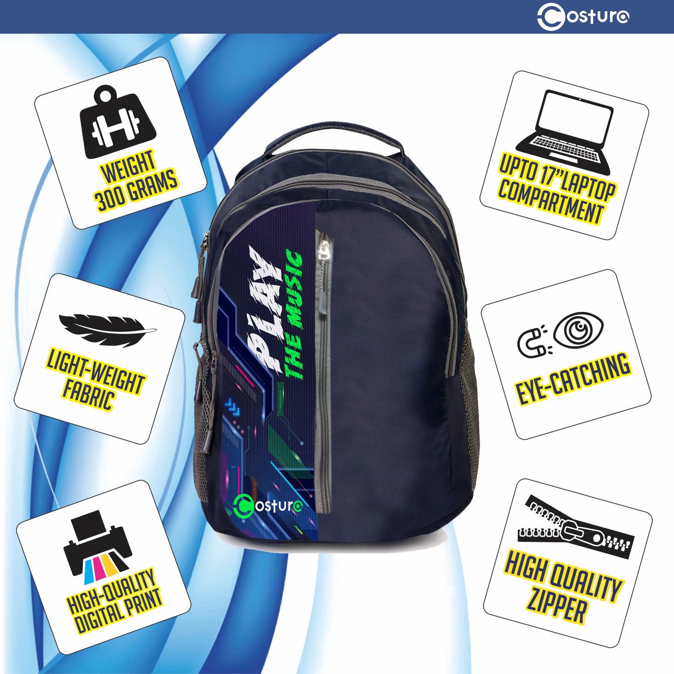 Costura Printed Backpack/Laptop Bag for Men Women Boys Girls, Bag For Office, School, College, Casual, Fit Upto 15.6" Laptops, Water Resistant & Lightweight Outdoor Travel Bag-30 Liter