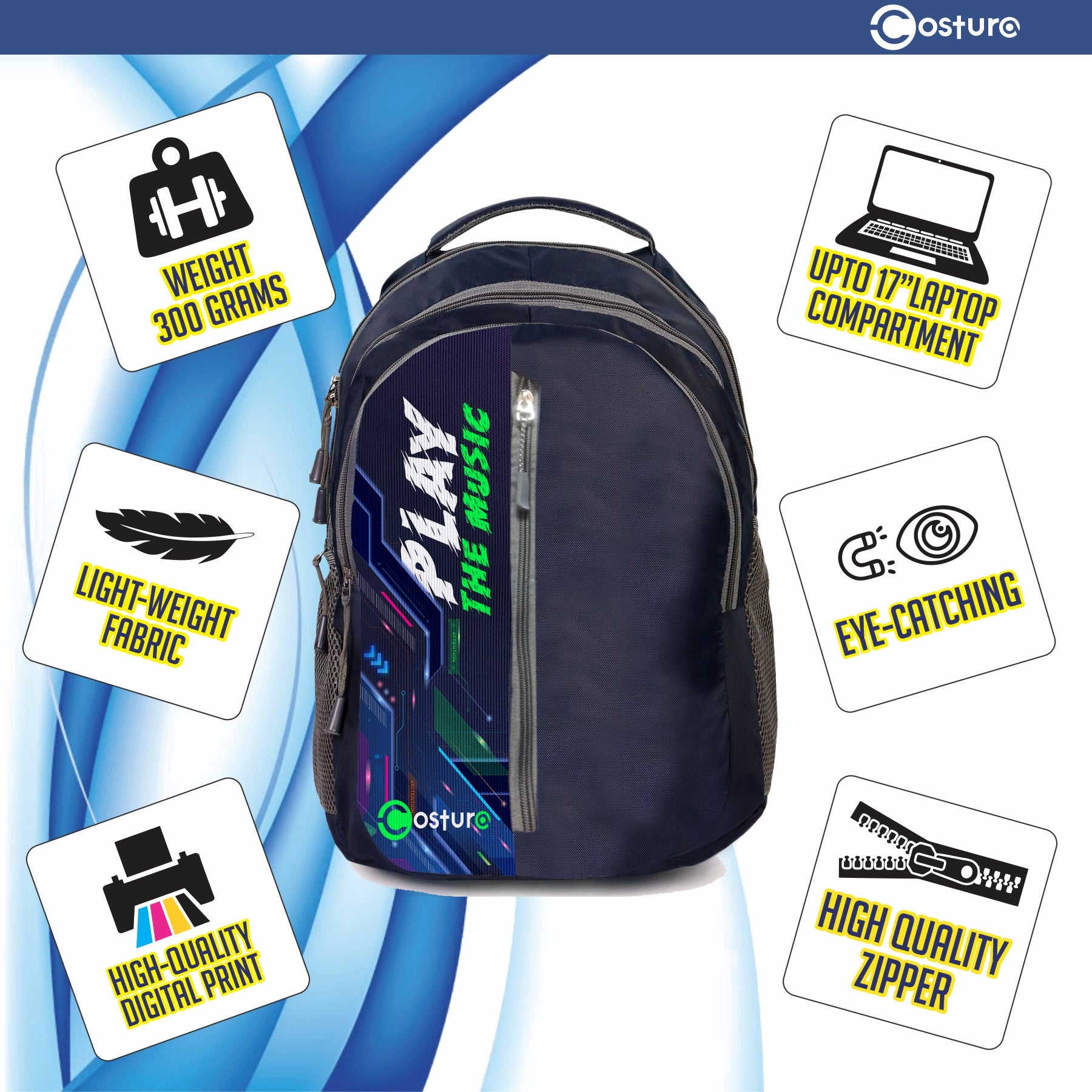 Costura Printed Backpack/Laptop Bag for Men Women Boys Girls, Bag For Office, School, College, Casual, Fit Upto 15.6" Laptops, Water Resistant & Lightweight Outdoor Travel Bag-30 Liter