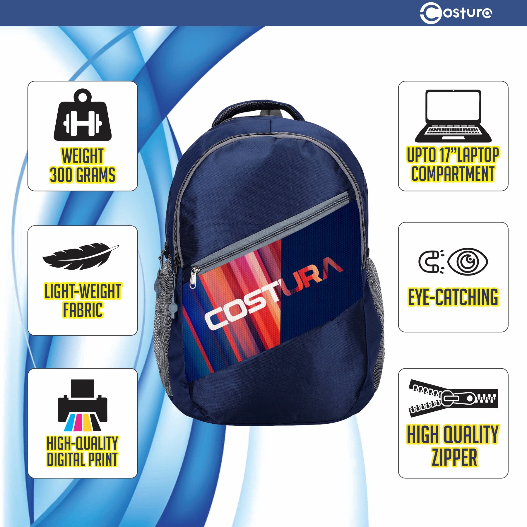 Costura Printed Backpack/Laptop Bag for Men Women Boys Girls, Bag For Office, School, College, Casual, Fit Upto 15.6" Laptops, Water Resistant & Lightweight Outdoor Travel Bag-30 Liter