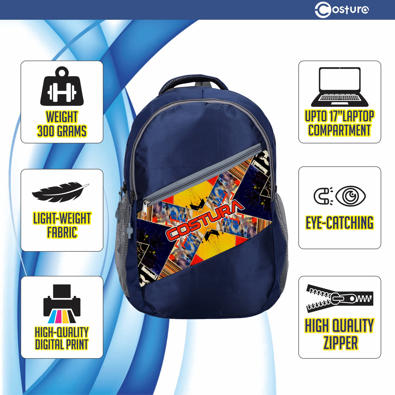 Costura Printed Backpack/Laptop Bag for Men Women Boys Girls, Bag For Office, School, College, Casual, Fit Upto 15.6" Laptops, Water Resistant & Lightweight Outdoor Travel Bag-30 Liter