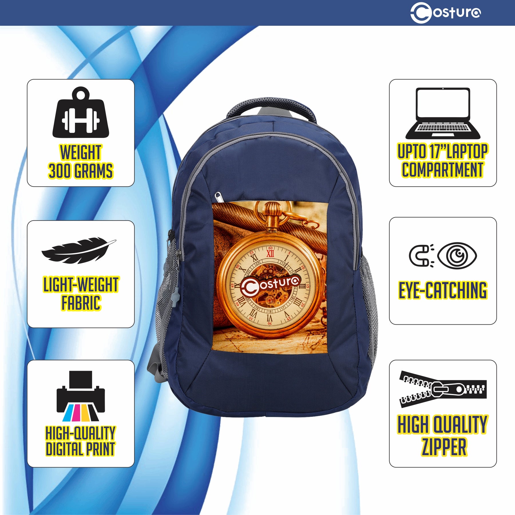 Costura Printed Backpack/Laptop Bag for Men Women Boys Girls, Bag For Office, School, College, Casual, Fit Upto 15.6" Laptops, Water Resistant & Lightweight Outdoor Travel Bag-30 Liter