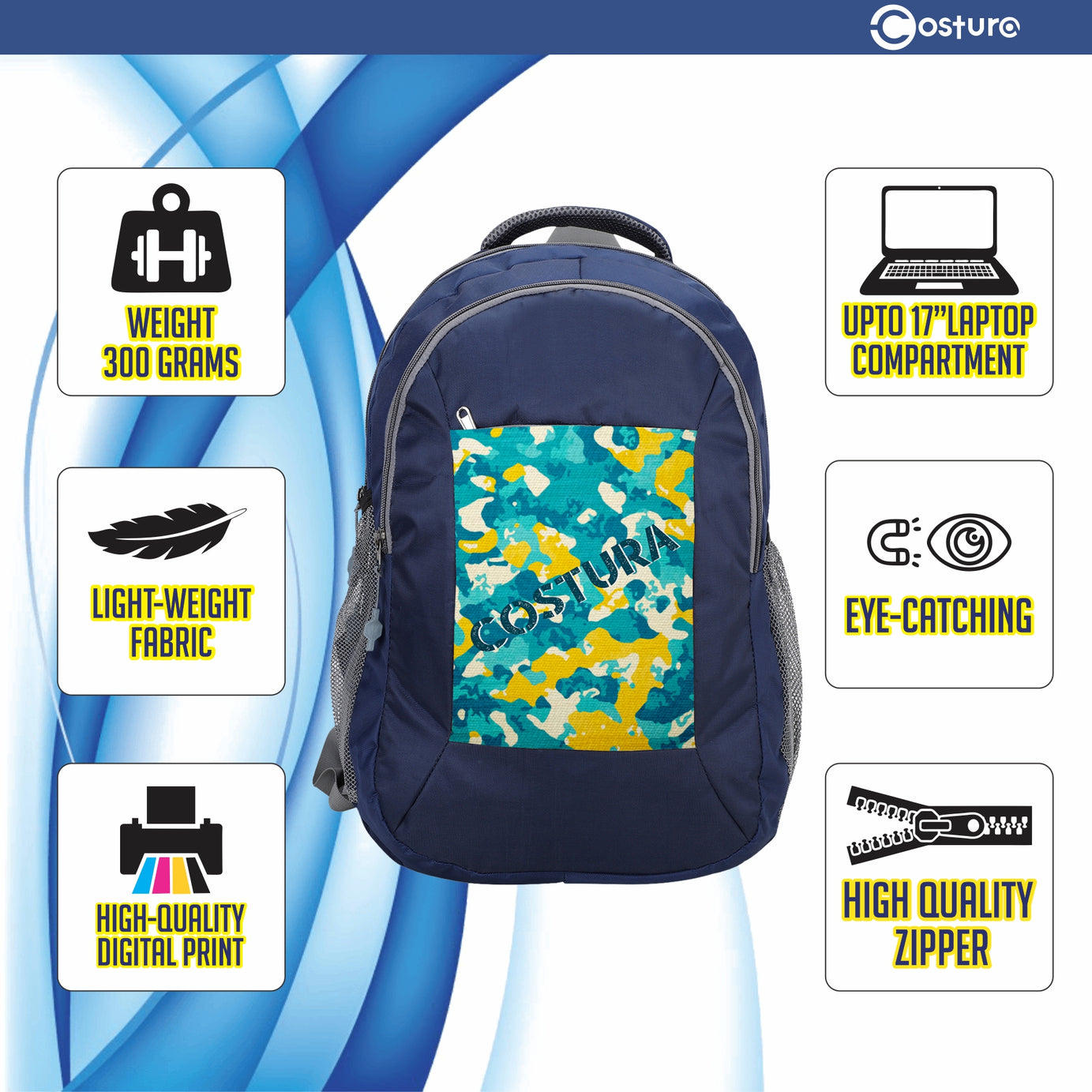 Costura Printed Backpack/Laptop Bag for Men Women Boys Girls, Bag For Office, School, College, Casual, Fit Upto 15.6" Laptops, Water Resistant & Lightweight Outdoor Travel Bag-30 Liter