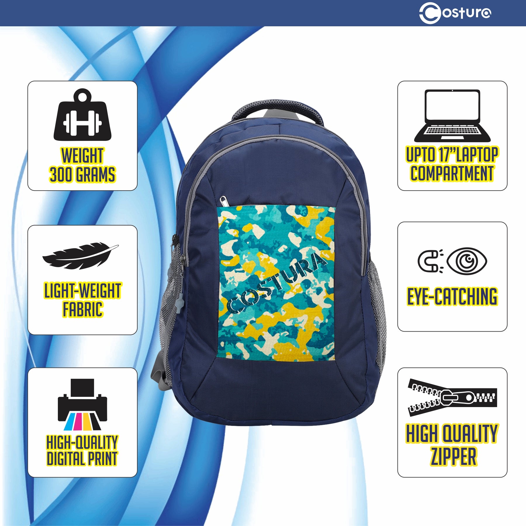 Costura Printed Backpack/Laptop Bag for Men Women Boys Girls, Bag For Office, School, College, Casual, Fit Upto 15.6" Laptops, Water Resistant & Lightweight Outdoor Travel Bag-30 Liter