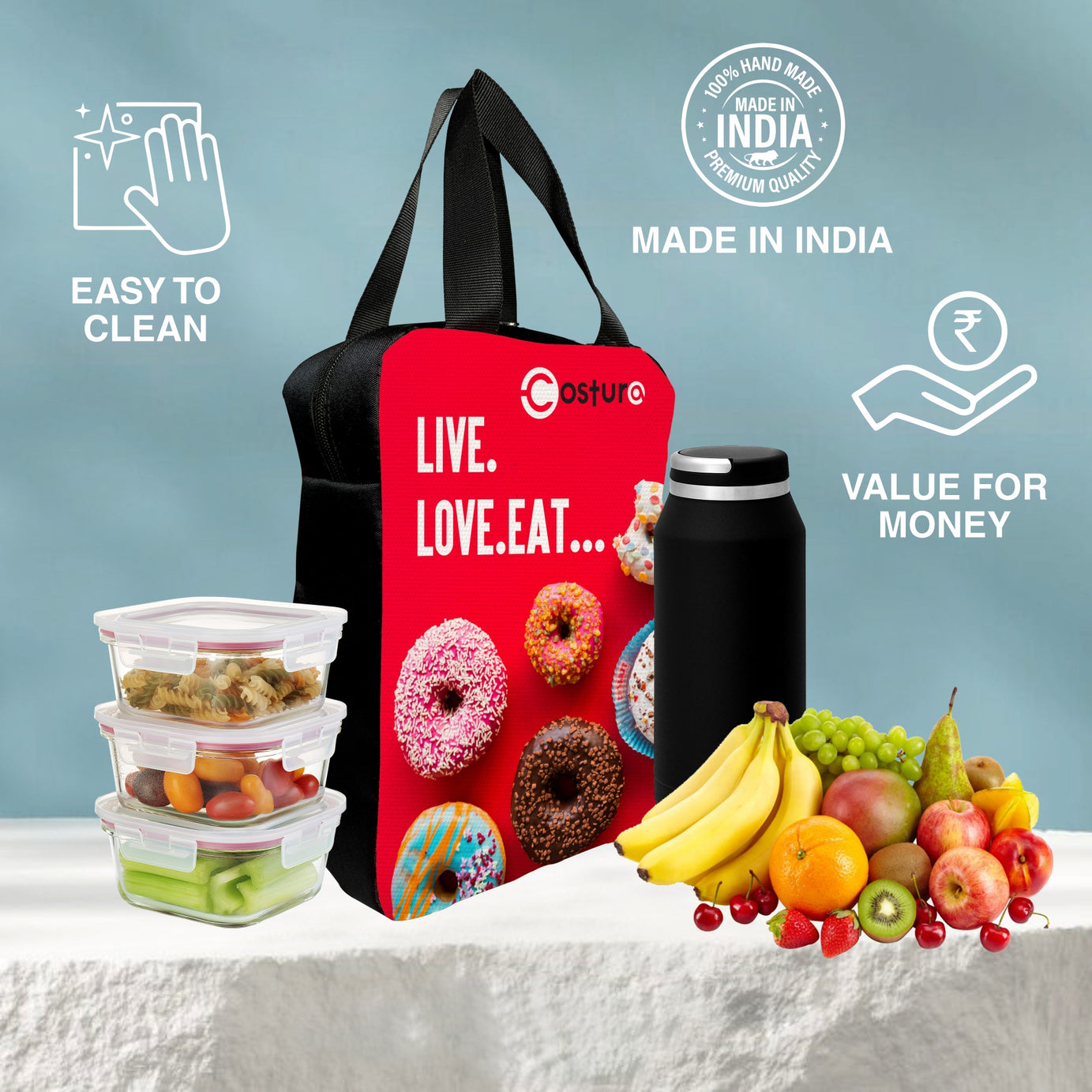 MY FAV Costura Polyester Lunch Bags for Men & Women, Waterproof Carry On Tote Tiffin Bag for Travel, Office, Picnic, Camping Outdoor, College & School, Durable and Lightweight Bag