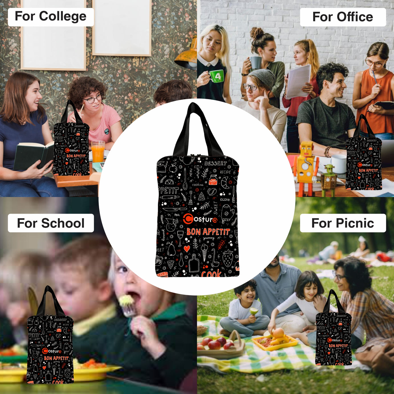 MY FAV Costura Polyester Lunch Bags for Men & Women, Waterproof Carry On Tote Tiffin Bag for Travel, Office, Picnic, Camping Outdoor, College & School, Durable and Lightweight Bag