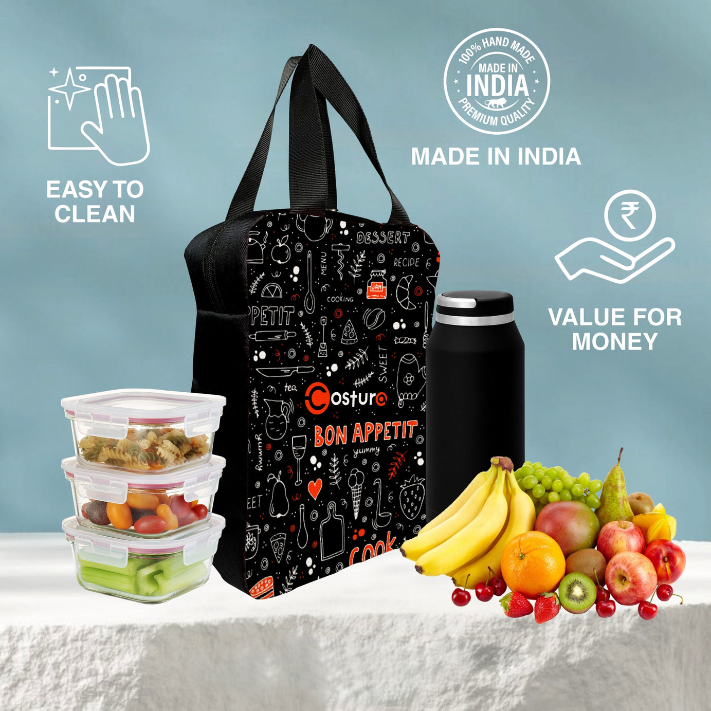 MY FAV Costura Polyester Lunch Bags for Men & Women, Waterproof Carry On Tote Tiffin Bag for Travel, Office, Picnic, Camping Outdoor, College & School, Durable and Lightweight Bag