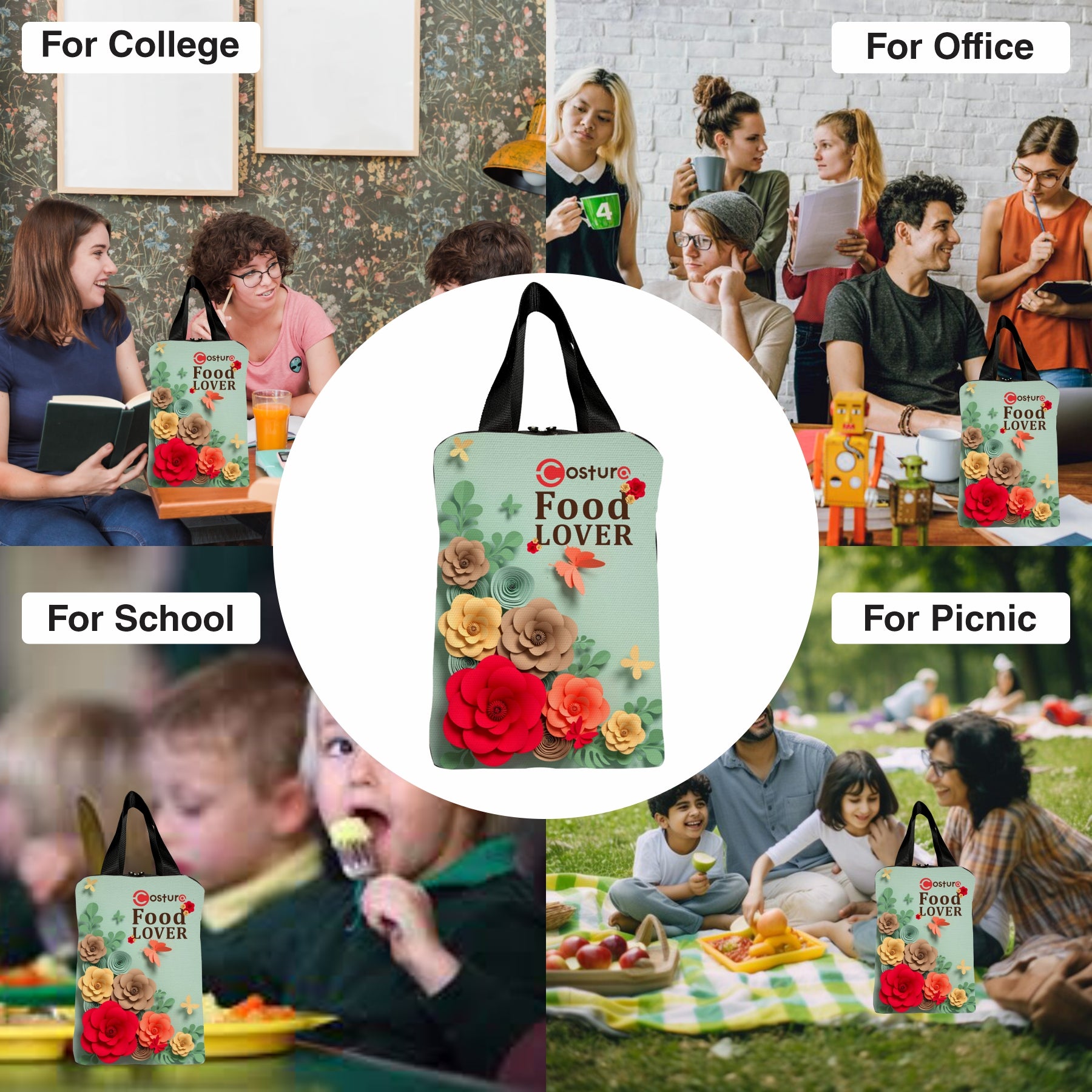 MY FAV Costura Polyester Lunch Bags for Men & Women, Waterproof Carry On Tote Tiffin Bag for Travel, Office, Picnic, Camping Outdoor, College & School, Durable and Lightweight Bag