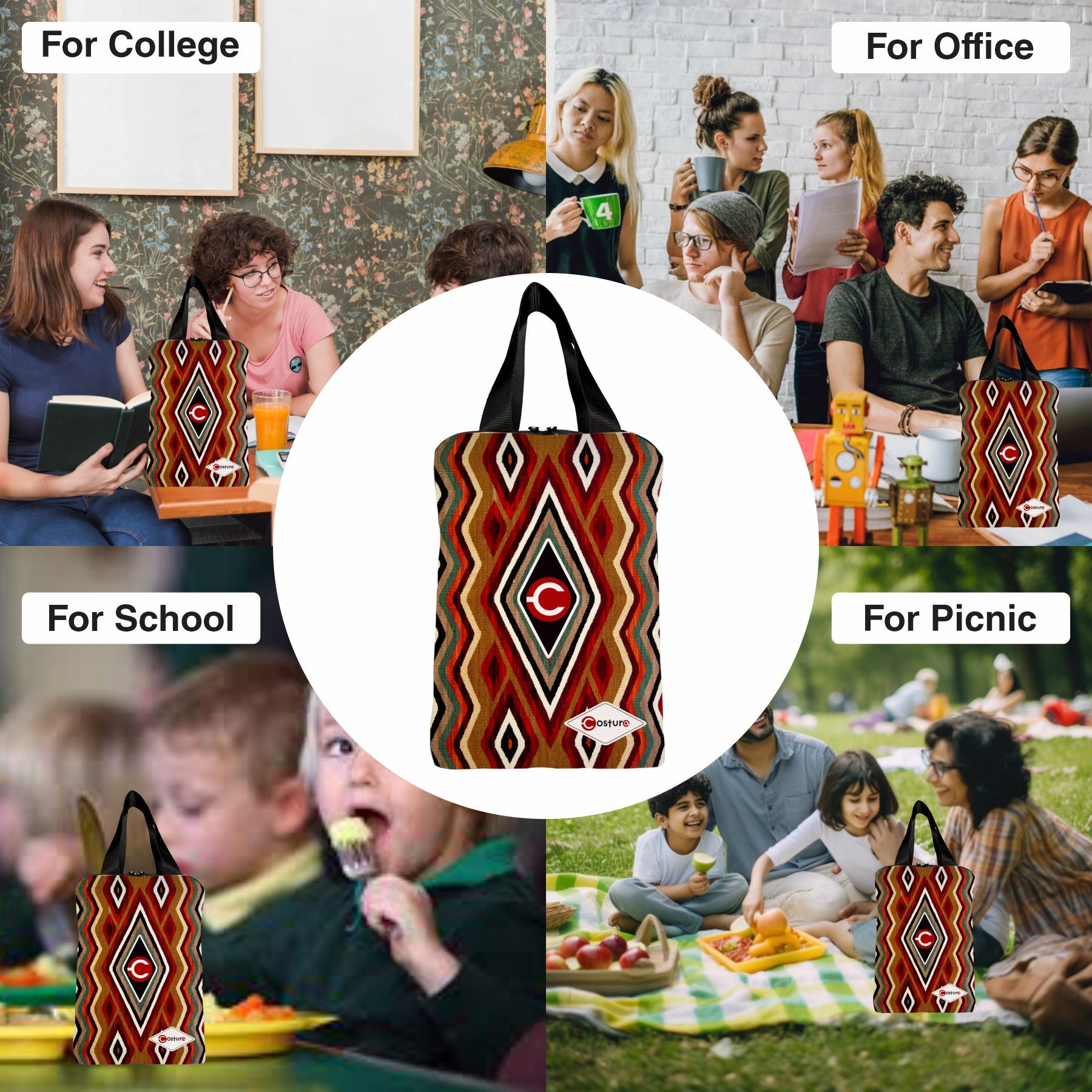 MY FAV Costura Polyester Lunch Bags for Men & Women, Waterproof Carry On Tote Tiffin Bag for Travel, Office, Picnic, Camping Outdoor, College & School, Durable and Lightweight Bag