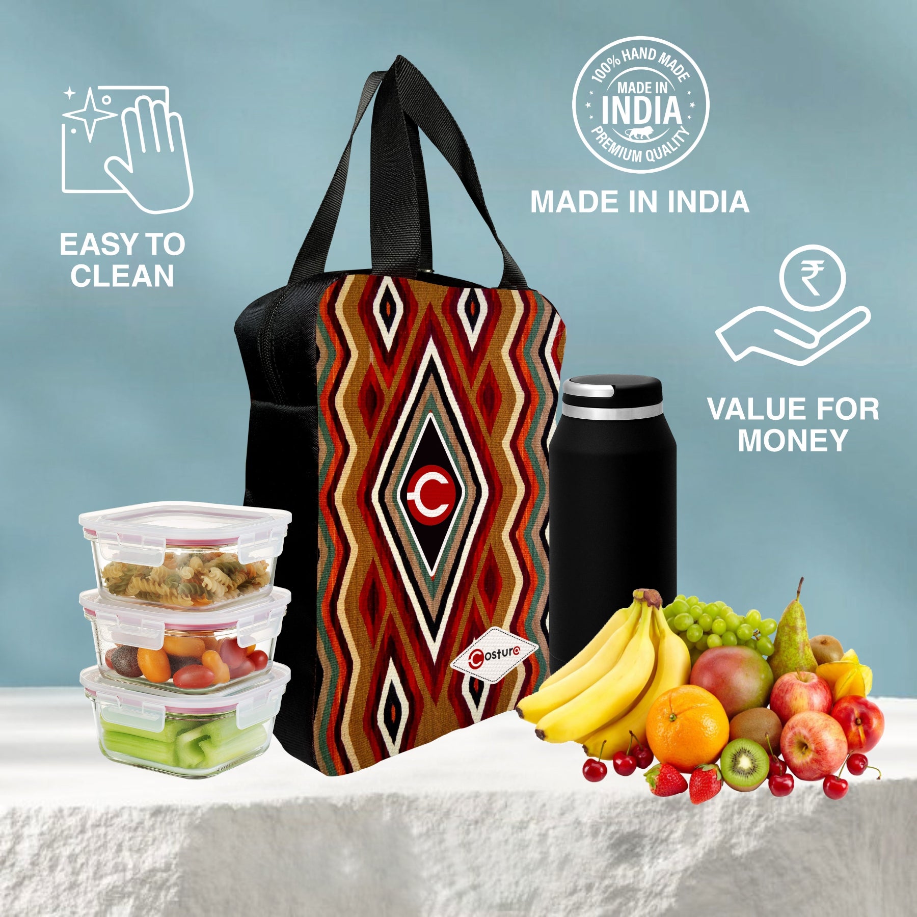 MY FAV Costura Polyester Lunch Bags for Men & Women, Waterproof Carry On Tote Tiffin Bag for Travel, Office, Picnic, Camping Outdoor, College & School, Durable and Lightweight Bag