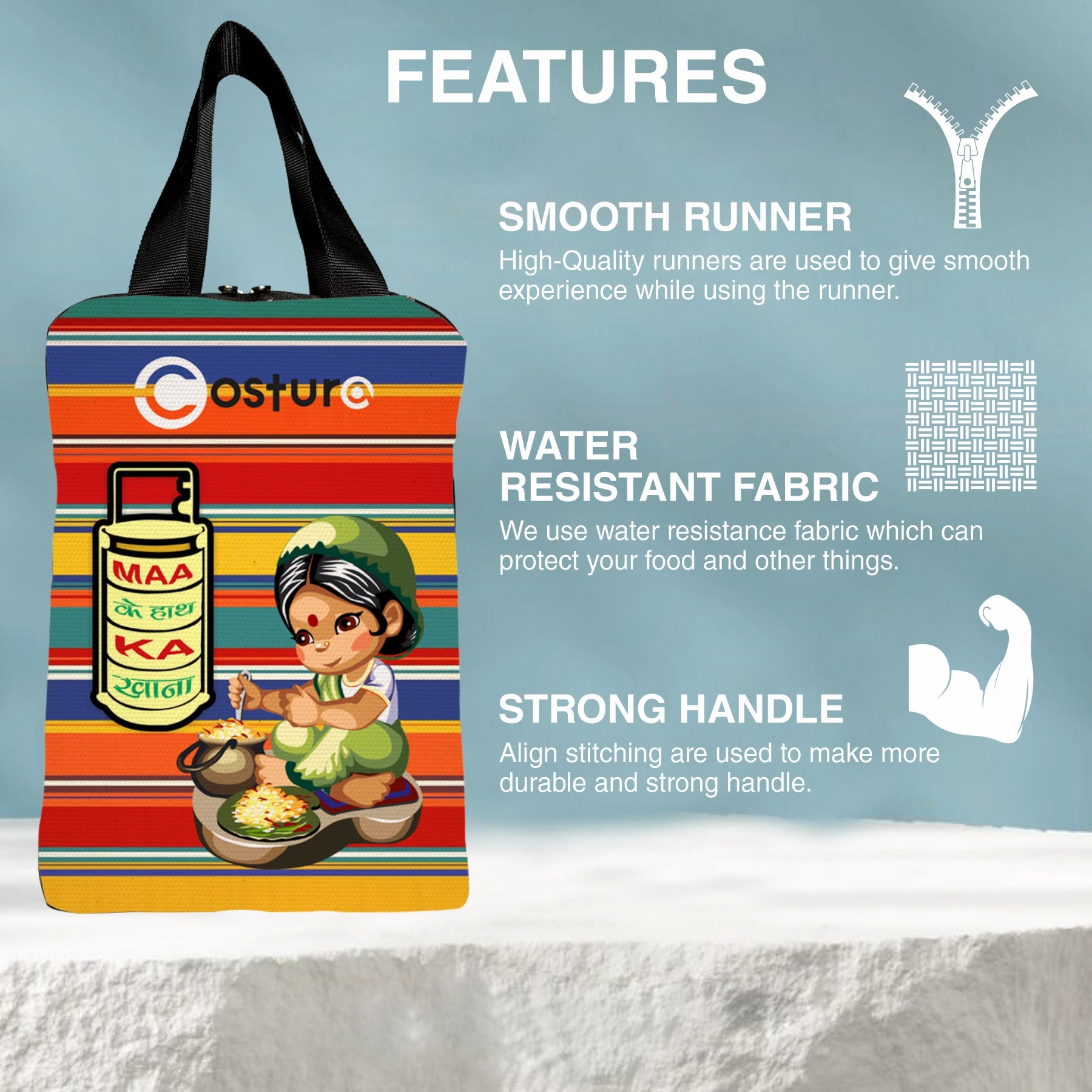 MY FAV Costura Polyester Lunch Bags for Men & Women, Waterproof Carry On Tote Tiffin Bag for Travel, Office, Picnic, Camping Outdoor, College & School, Durable and Lightweight Bag