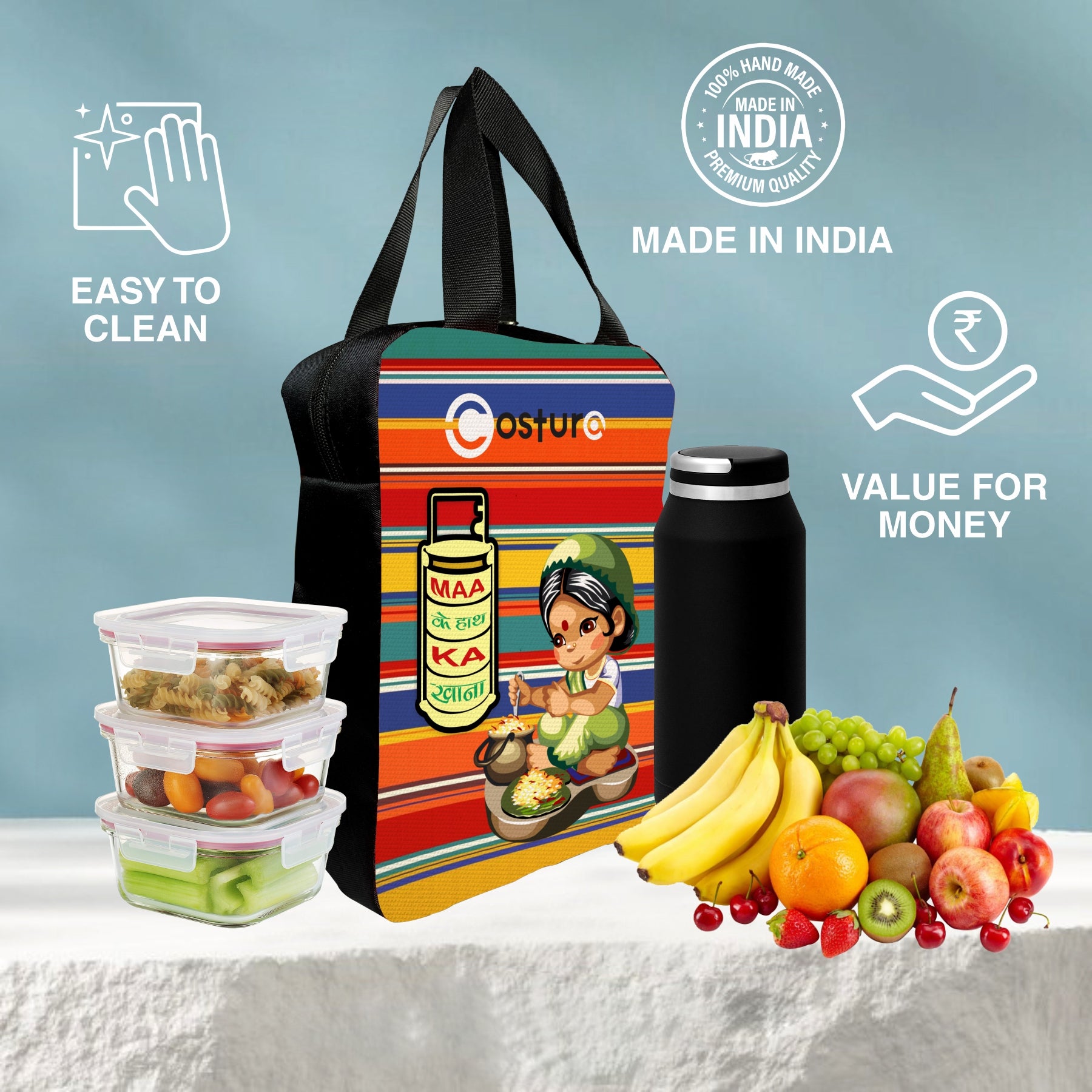 MY FAV Costura Polyester Lunch Bags for Men & Women, Waterproof Carry On Tote Tiffin Bag for Travel, Office, Picnic, Camping Outdoor, College & School, Durable and Lightweight Bag