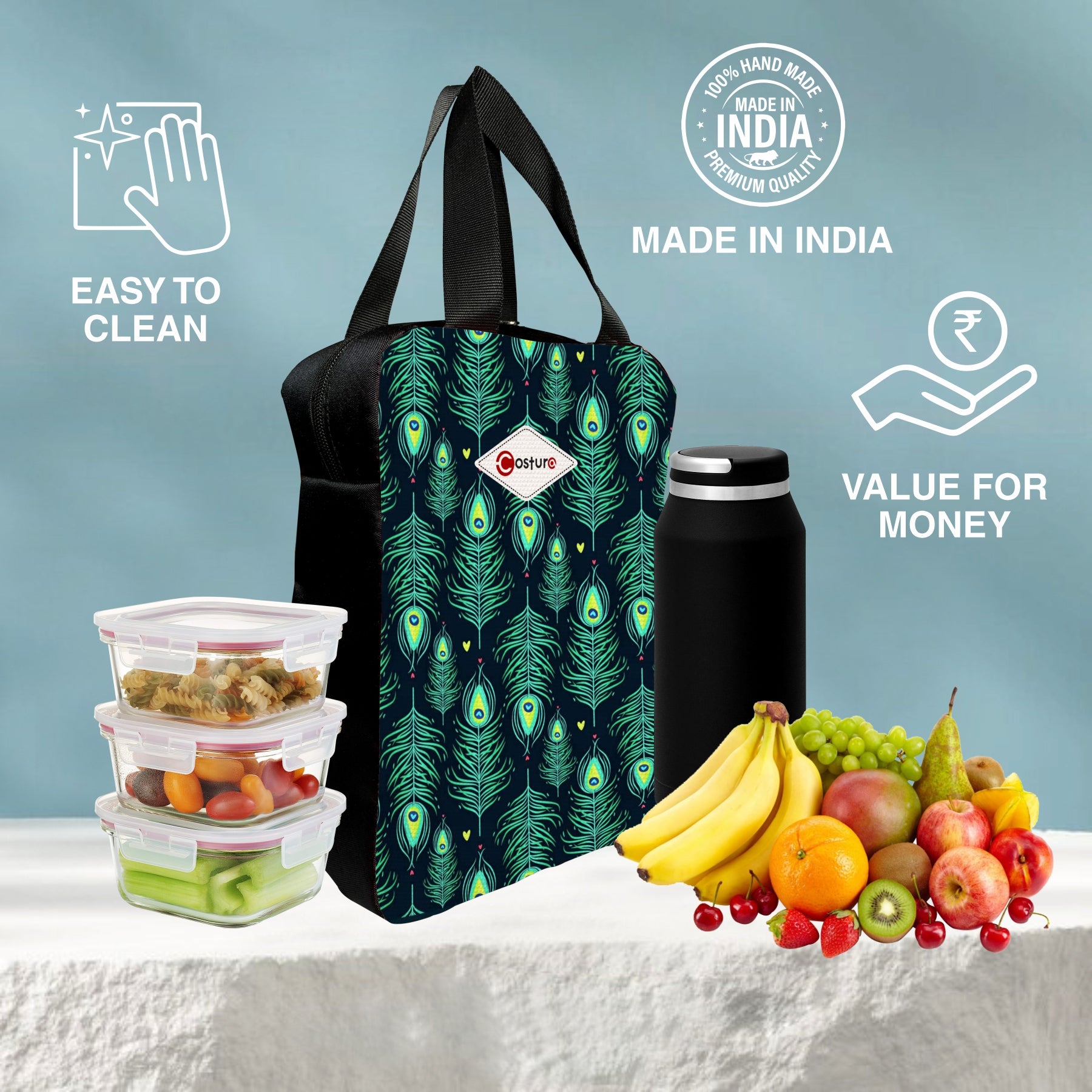 MY FAV Costura Polyester Lunch Bags for Men & Women, Waterproof Carry On Tote Tiffin Bag for Travel, Office, Picnic, Camping Outdoor, College & School, Durable and Lightweight Bag