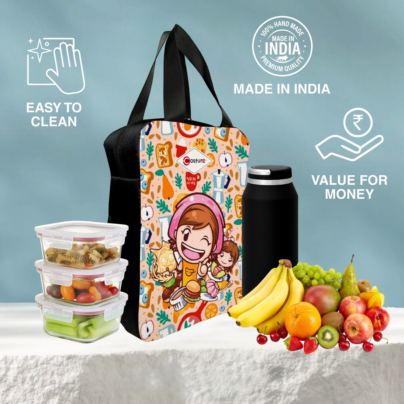 MY FAV Costura Polyester Lunch Bags for Men & Women, Waterproof Carry On Tote Tiffin Bag for Travel, Office, Picnic, Camping Outdoor, College & School, Durable and Lightweight Bag