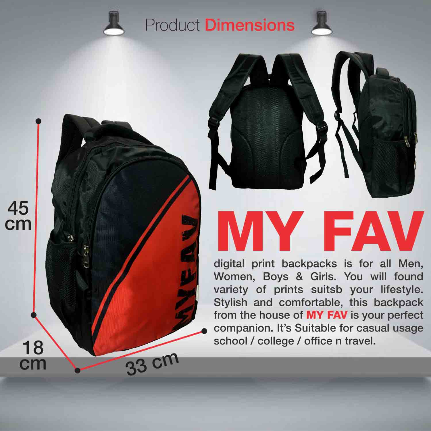 My Fav Red Black Laptop Backpack for Men Women / Office Backpack / School Backpack for Boys Girls