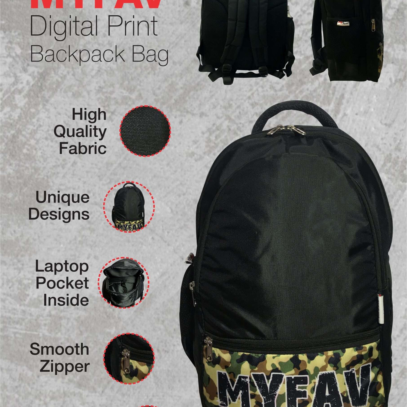 Camouflage Print Black Laptop Backpack For Men Women / School Backpack for Boys & Girls