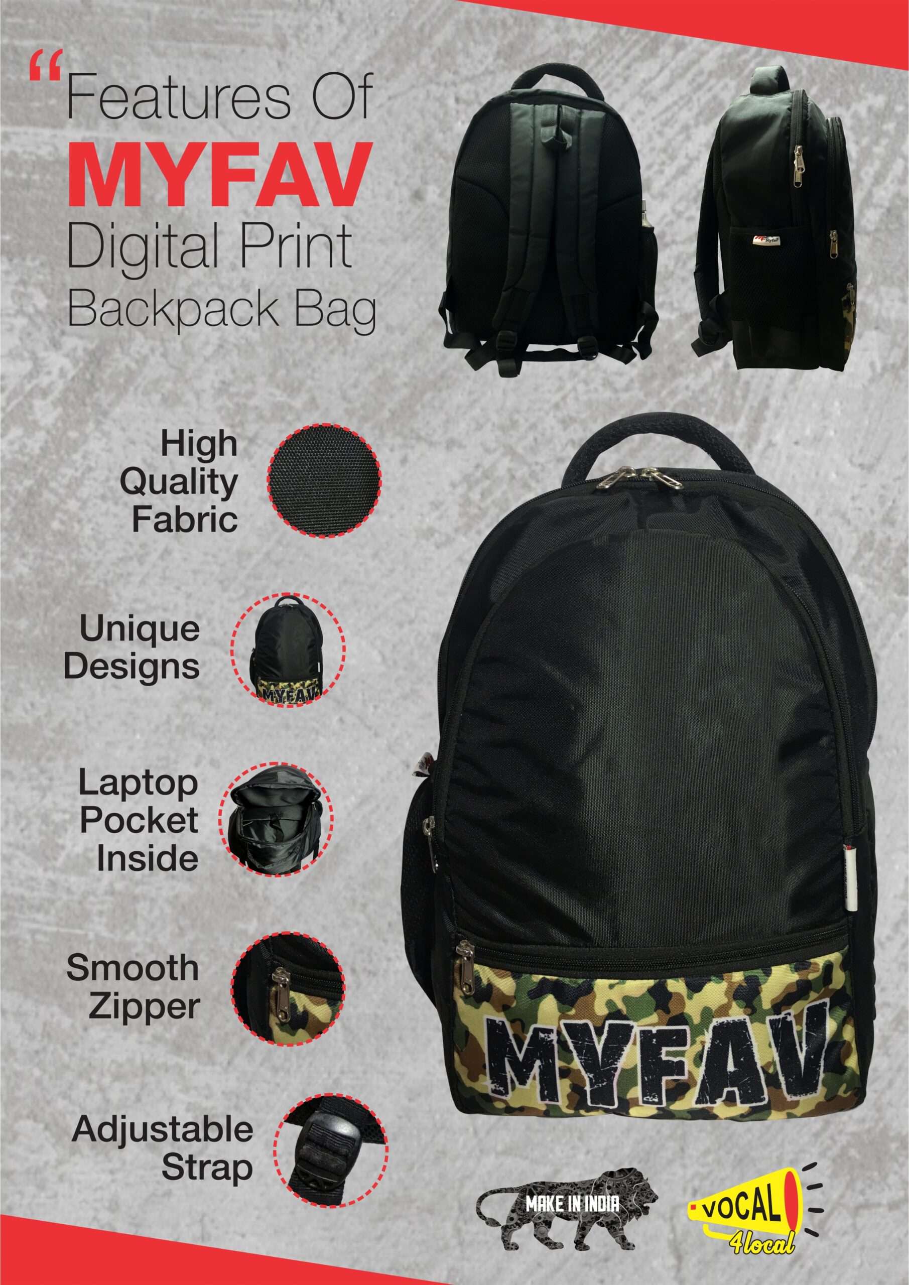 Camouflage Print Black Laptop Backpack For Men Women / School Backpack for Boys & Girls
