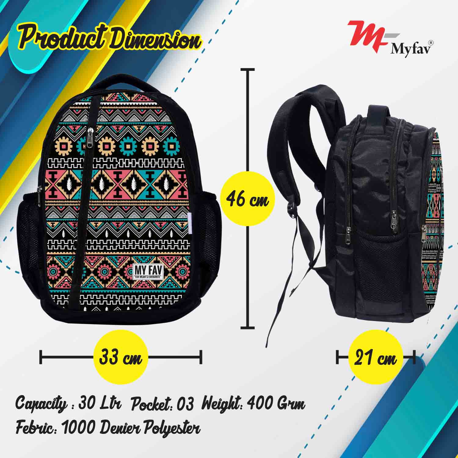 My Fav Ikkat Print Laptop Backpack For Men Women / School Bag for Boys Girls