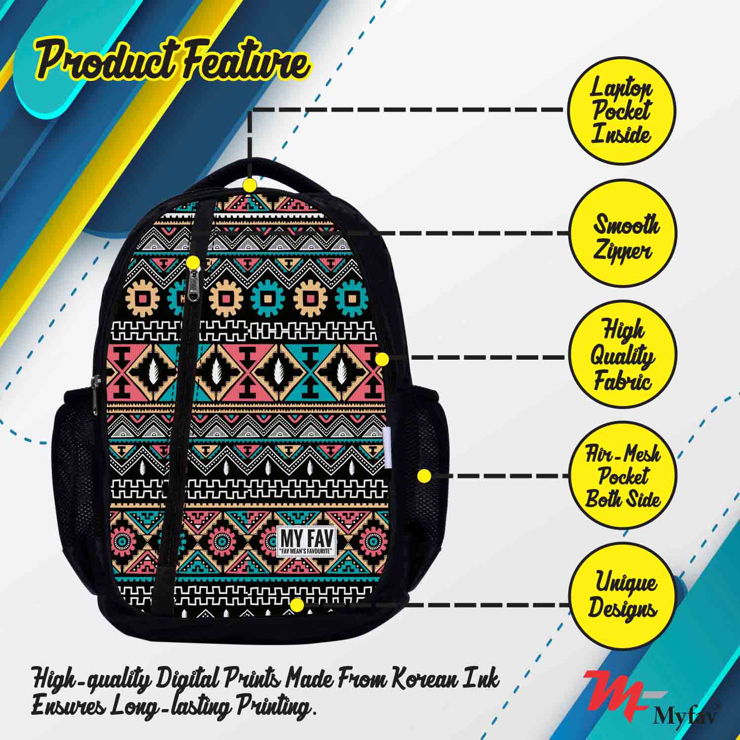 My Fav Ikkat Print Laptop Backpack For Men Women / School Bag for Boys Girls