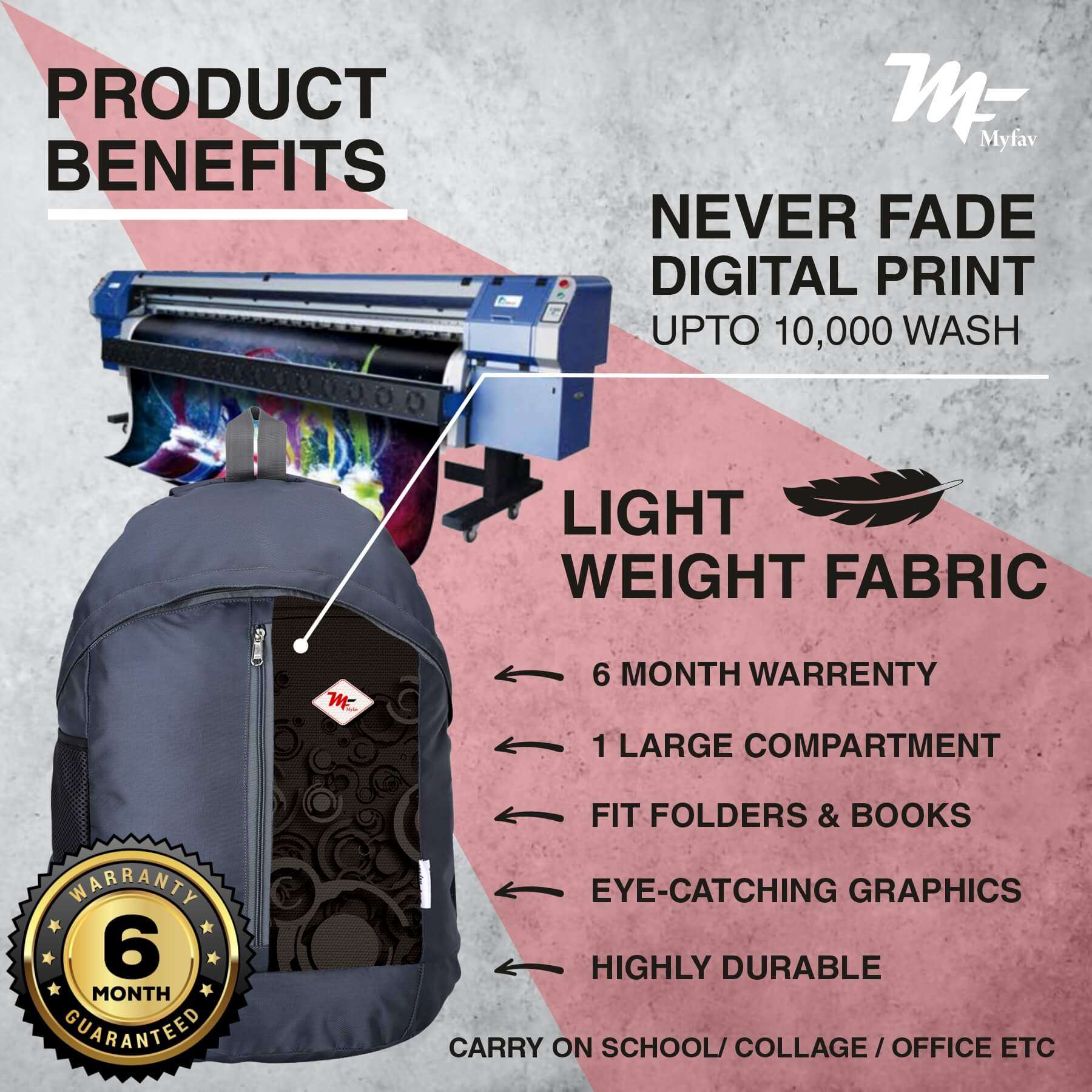 My Fav 21 L Grey Laptop Backpack for Men Women / College Bag for Boys Girls / Office Bag