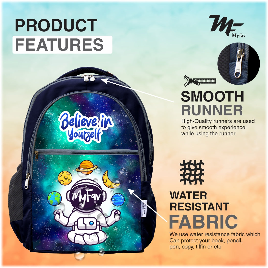 MY FAV Printed (5 to 14-year-old) School Backpack for Kids | Bottle Holder & Front Zippered Pocket, Adjustable & Padded Shoulder Straps | Waterproof Bag for Boys & Girls- - 6 Month Warranty