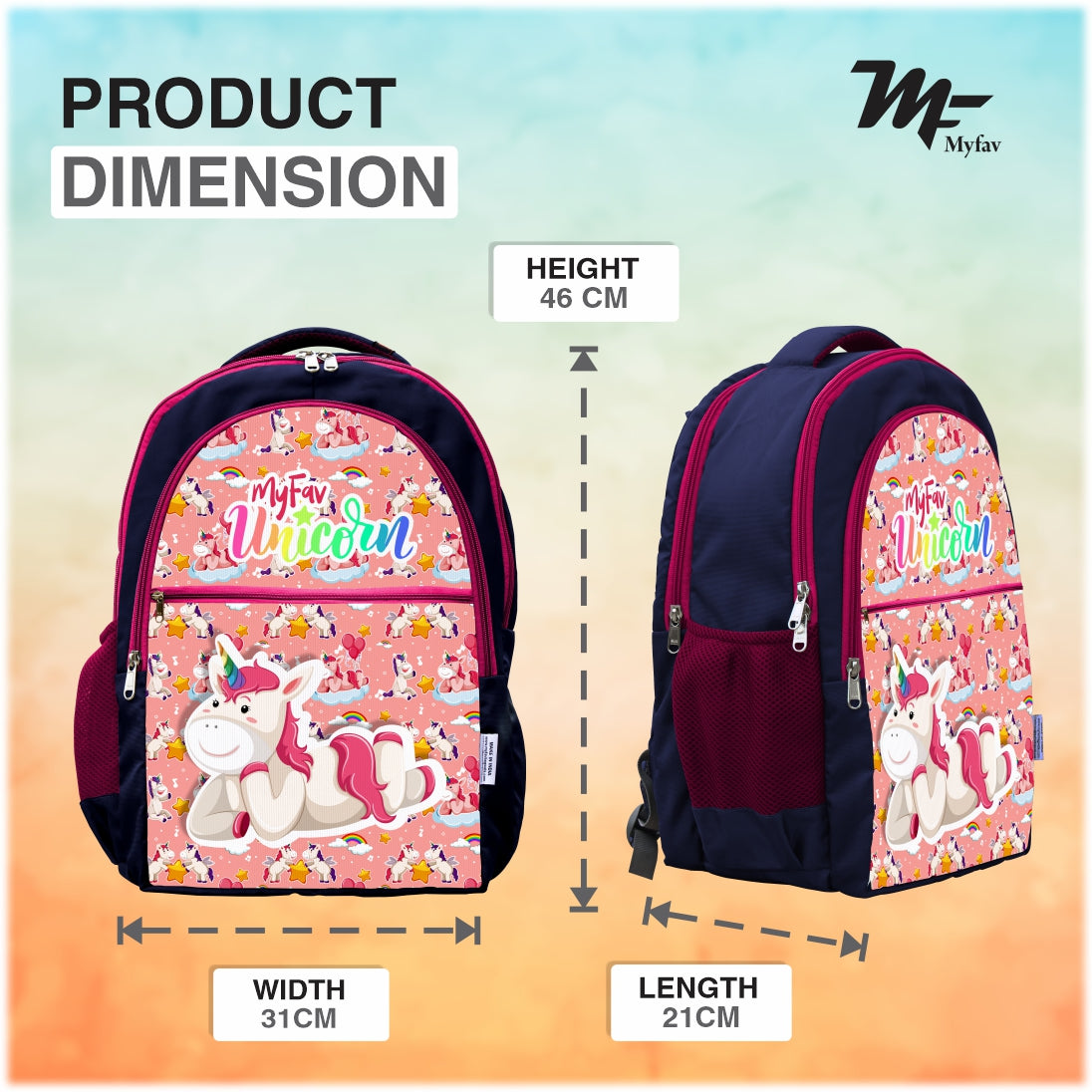 MY FAV Printed School Backpack for Kids (5 to 14-year-old) Bottle Holder & Front Zippered Pocket, Adjustable & Padded Shoulder Straps - 6 Month Warranty