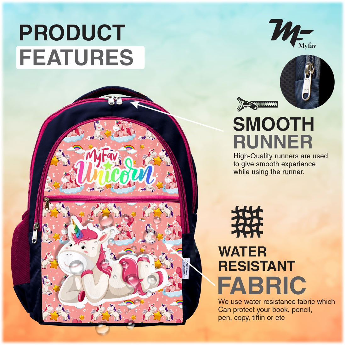 MY FAV Printed School Backpack for Kids (5 to 14-year-old) Bottle Holder & Front Zippered Pocket, Adjustable & Padded Shoulder Straps - 6 Month Warranty