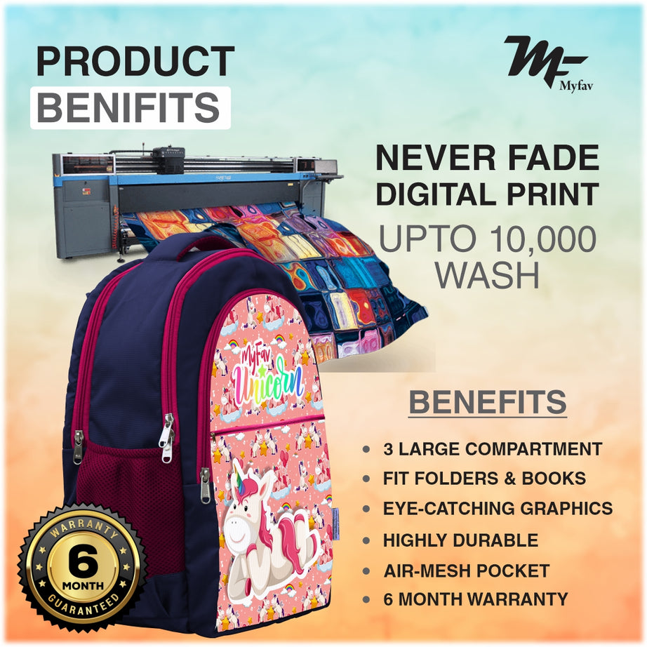 MY FAV Printed School Backpack for Kids (5 to 14-year-old) Bottle Holder & Front Zippered Pocket, Adjustable & Padded Shoulder Straps - 6 Month Warranty