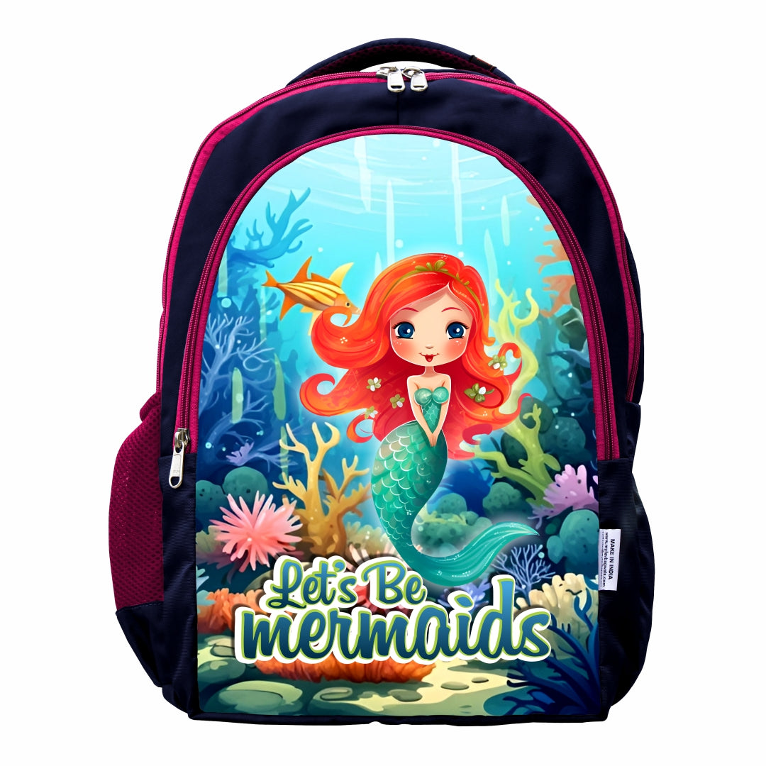 MY FAV Mermaids Printed (5 to 14-year-old) School Backpack for Kids, Bottle Holder & Front Zippered Pocket, Adjustable & Padded Shoulder Straps 6 Month Warranty