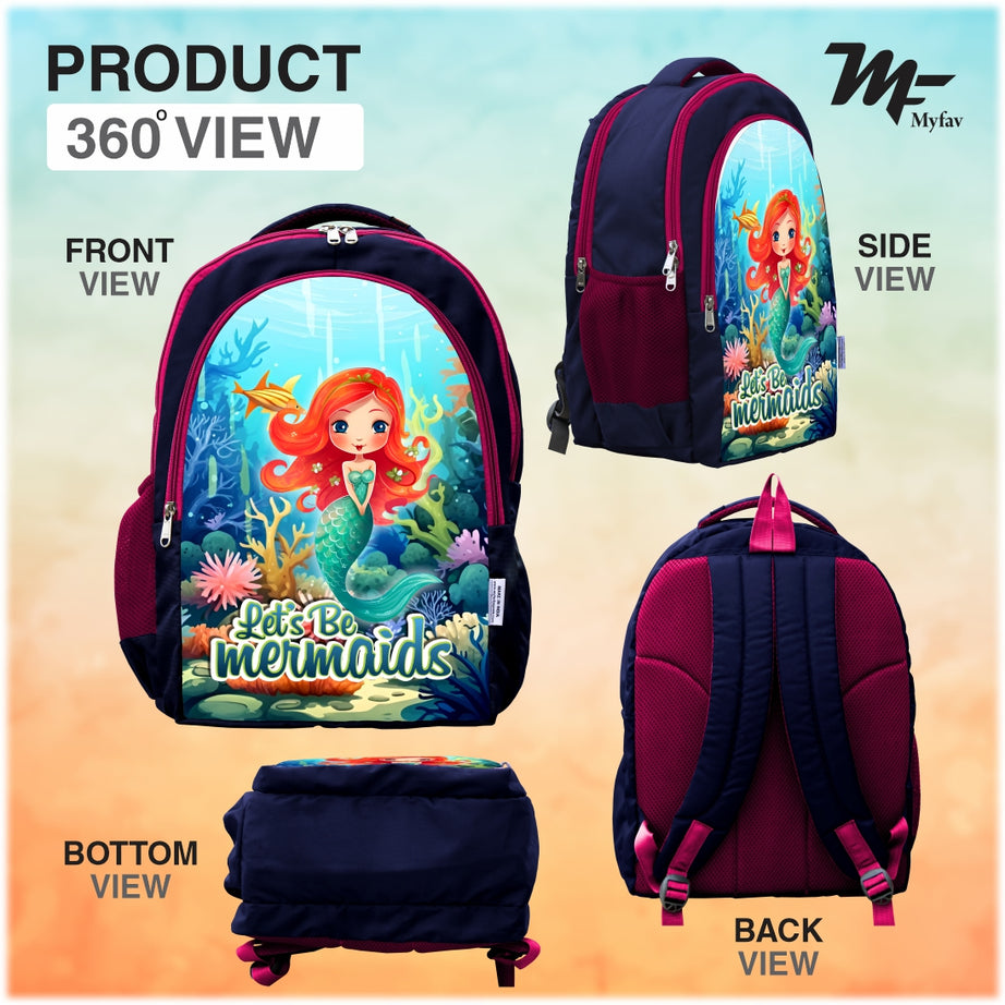 MY FAV Mermaids Printed (5 to 14-year-old) School Backpack for Kids, Bottle Holder & Front Zippered Pocket, Adjustable & Padded Shoulder Straps 6 Month Warranty