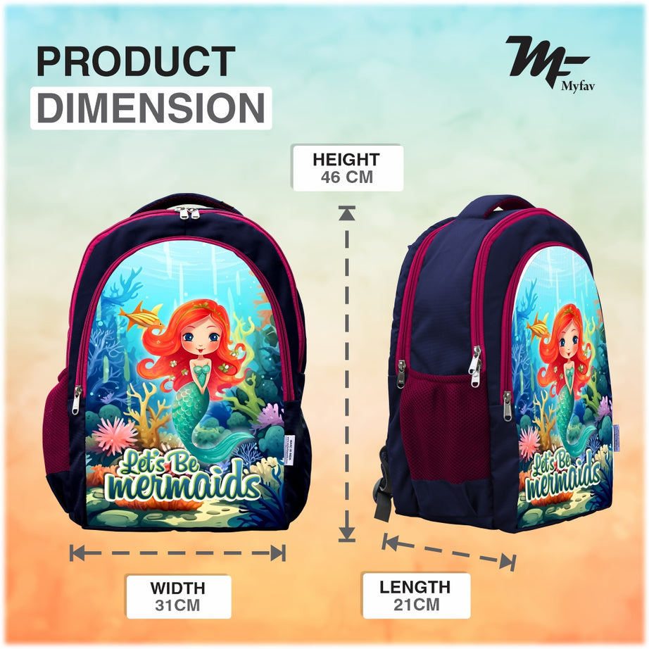 MY FAV Mermaids Printed (5 to 14-year-old) School Backpack for Kids, Bottle Holder & Front Zippered Pocket, Adjustable & Padded Shoulder Straps 6 Month Warranty