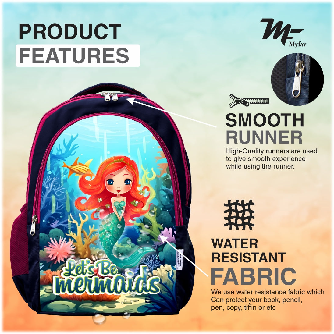 MY FAV Mermaids Printed (5 to 14-year-old) School Backpack for Kids, Bottle Holder & Front Zippered Pocket, Adjustable & Padded Shoulder Straps 6 Month Warranty