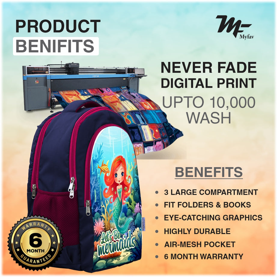 MY FAV Mermaids Printed (5 to 14-year-old) School Backpack for Kids, Bottle Holder & Front Zippered Pocket, Adjustable & Padded Shoulder Straps 6 Month Warranty