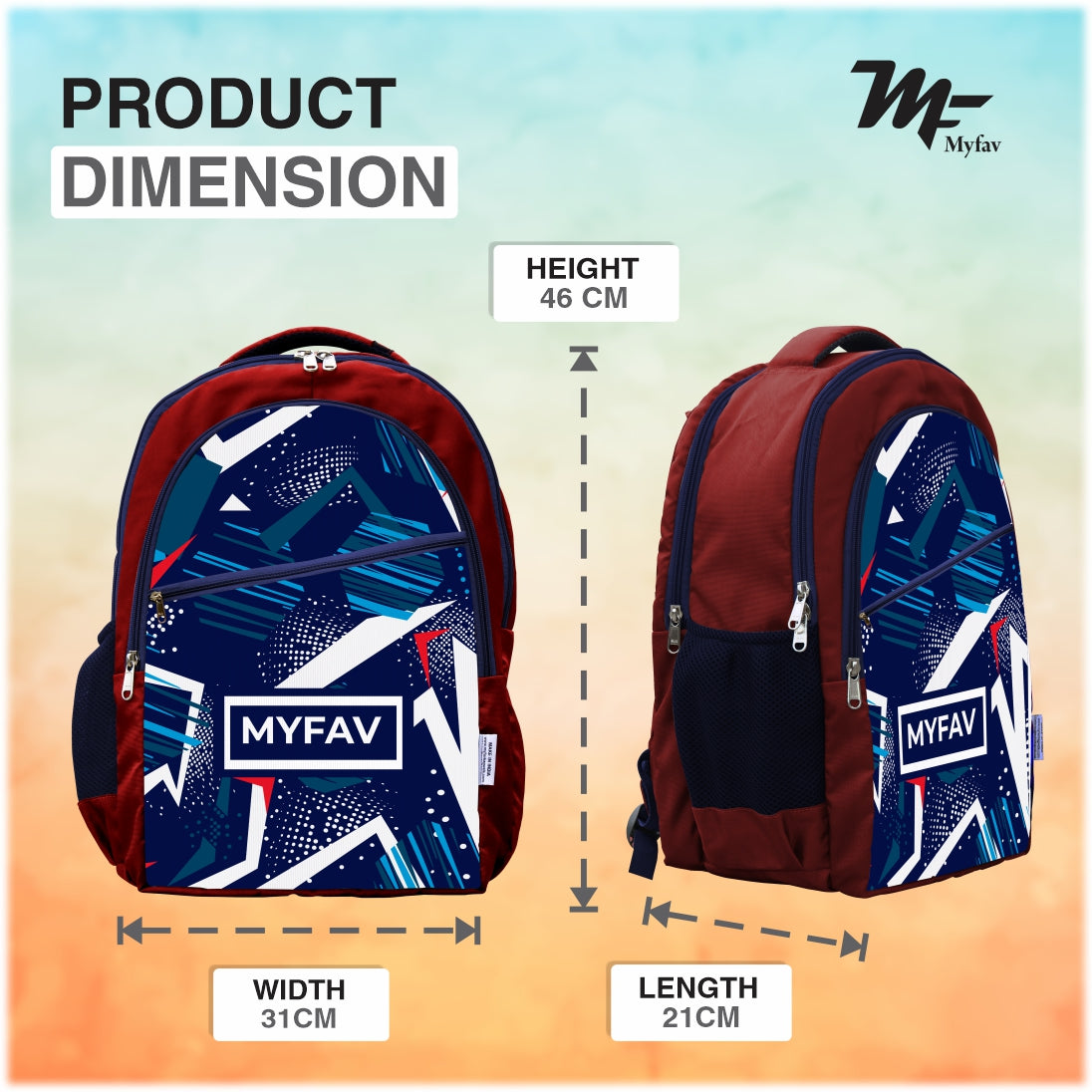 MY FAV Polyester (5 to 14-year-old) School Backpack for Kids | Bottle Holder & Front Zippered Pocket, Adjustable & Padded Shoulder Straps | Waterproof Bag for Boys & Girls - 6 Month Warranty (Red)