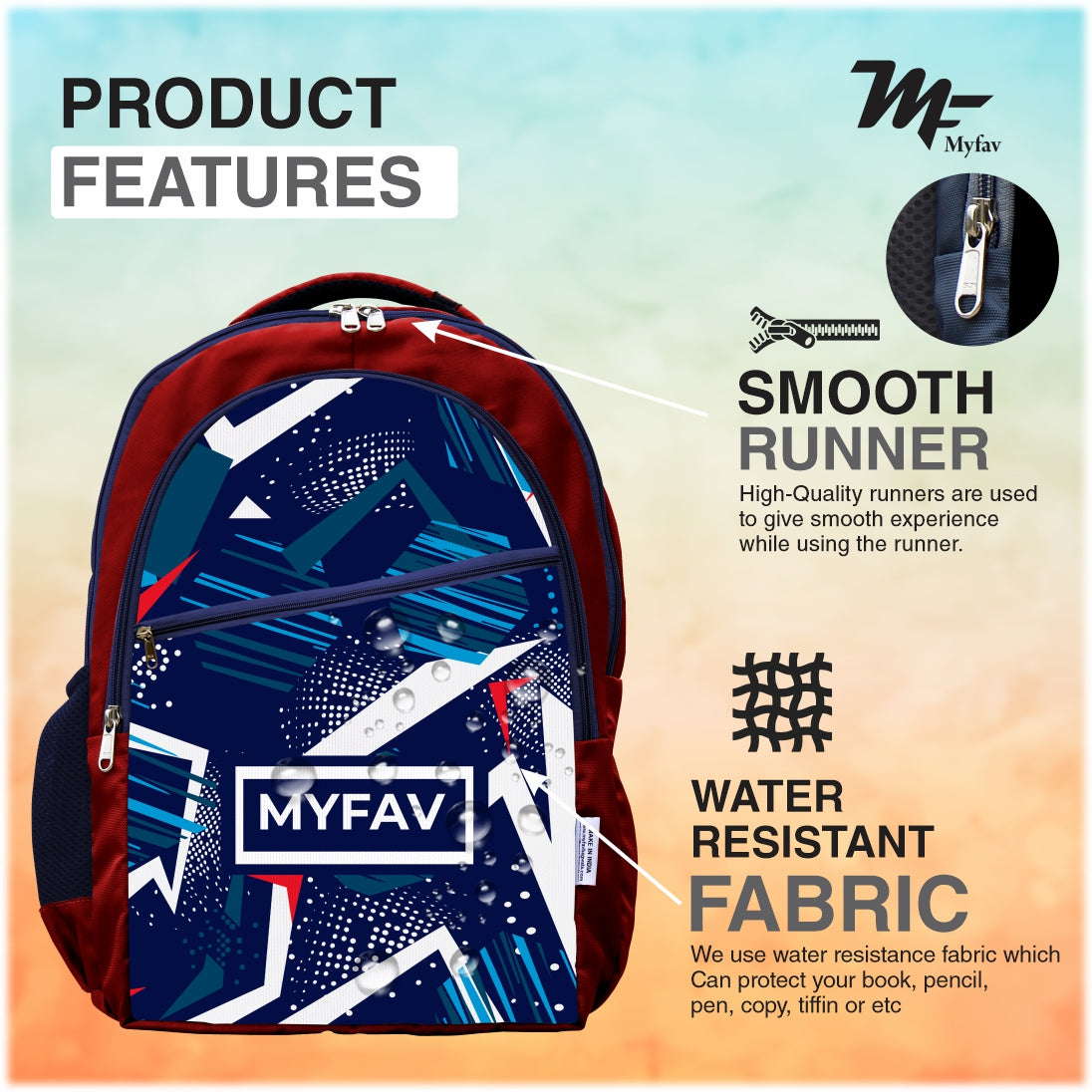 MY FAV Polyester (5 to 14-year-old) School Backpack for Kids | Bottle Holder & Front Zippered Pocket, Adjustable & Padded Shoulder Straps | Waterproof Bag for Boys & Girls - 6 Month Warranty (Red)